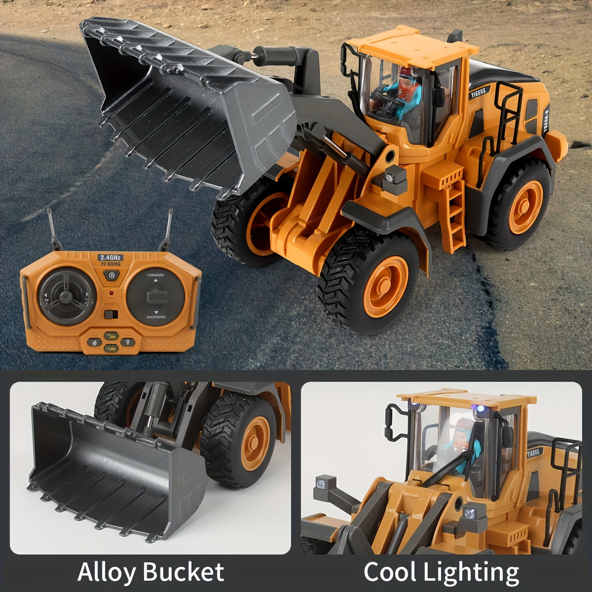 Cargadora a control remoto - Camión de juguete bulldozer a control remoto con operación de simulación de cucharón hidráulico, Colección de modelos de tractor de construcción de vehículos de ingeniería para niños y niñas