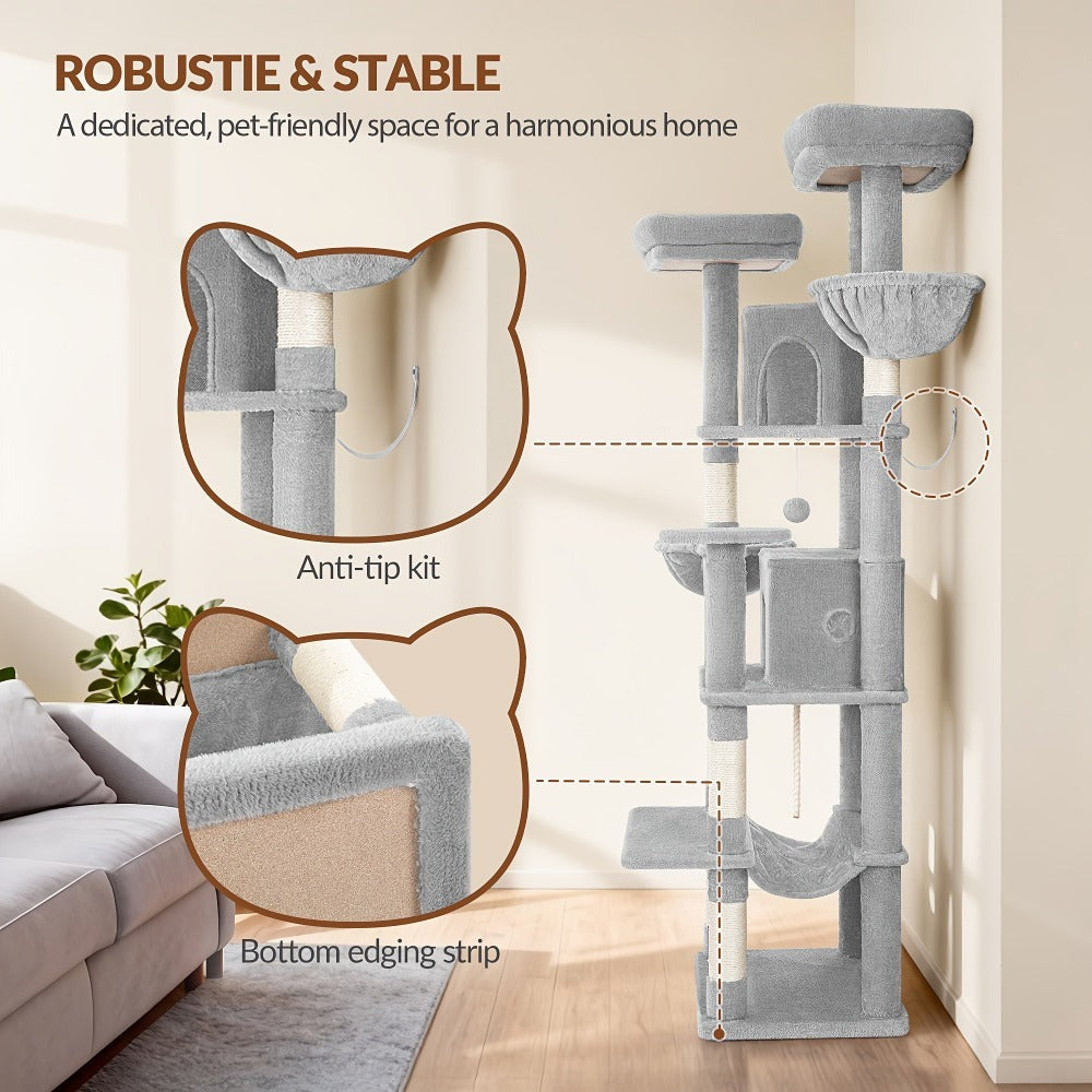 Rascador Grande para Gatos, Rascador de 216 Cm, Gatos Grandes, Estable con Rascadores, 2 Casas Cómodas para Gatos, 2 Perchas, 2 Cestas, Hamaca, Para Uso en Interiores