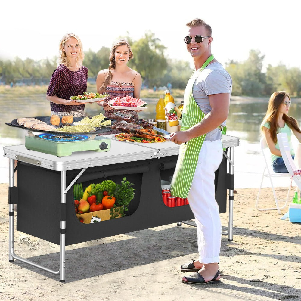 Set de Cocina Portátil para Camping con Gabinete Plegable, Completo con Bolsa de Transporte y Estructura de Metal, Ideal para Picnics, Salidas a la Playa, Viajes y Barbacoas, Mide 120X47X62Cm