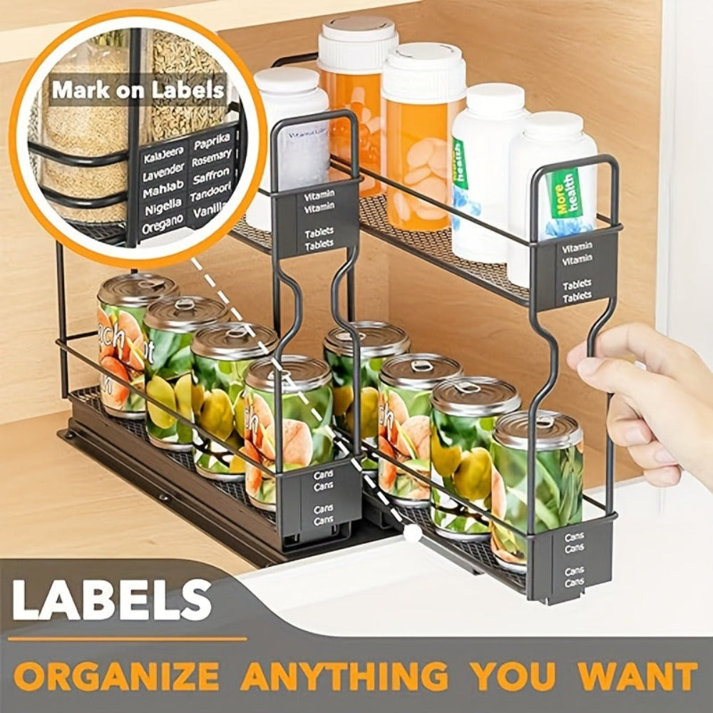 1 pza. Estante extraíble para especias de cocina con doble deslizamiento en color negro - Almacenamiento de especias que ahorra espacio con estante multiusos para encimera y armario - Amplía el almacenamiento con doble capa y elegante acabado en negro