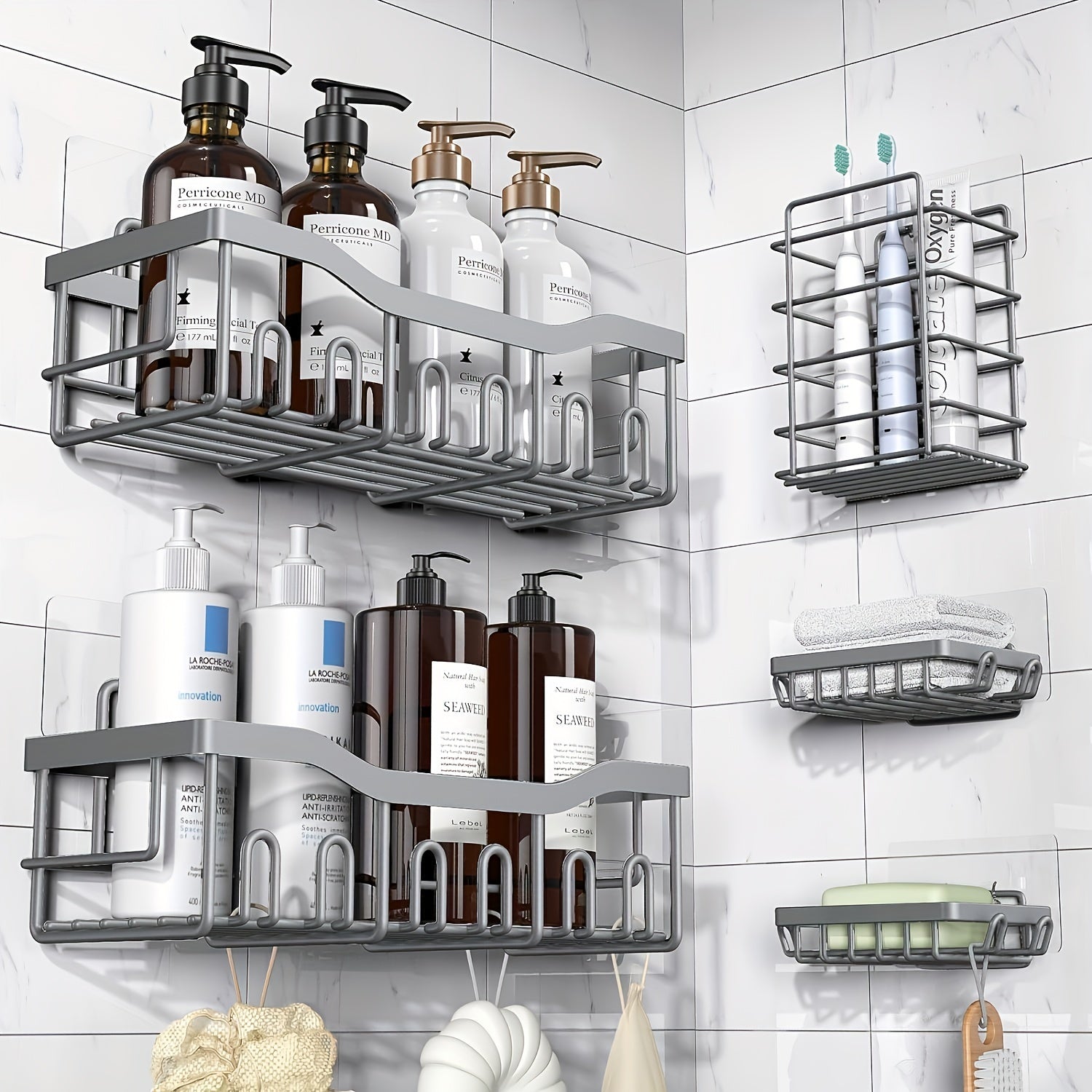 Organizador de ducha adhesivo, paquete de 5 organizadores de baño de acero inoxidable inoxidable a prueba de óxido de gran capacidad, estantes sin taladrar para almacenamiento de baño y decoración del hogar, propiedades de color aleatorio a elegir, organi