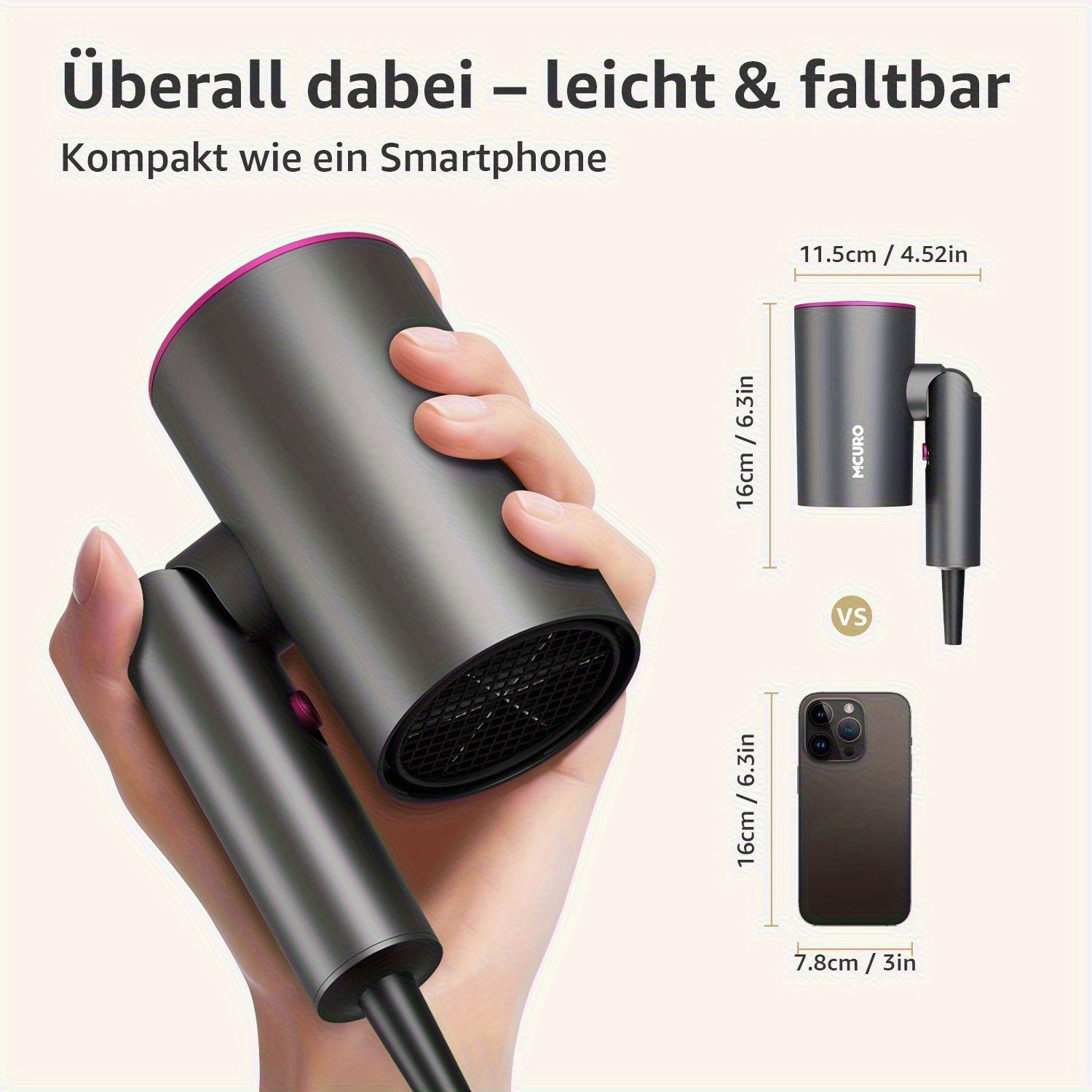 Secador de Pelo Plegable para Viajes con Tecnología de Iones Negativos y Control de Temperatura - 3 Velocidades/Configuraciones de Calor, Botón de Aire Frío, Boquilla Concentradora, Motor sin Escobillas, Estilizador de Secado Rápido, Voltaje (Compatible c