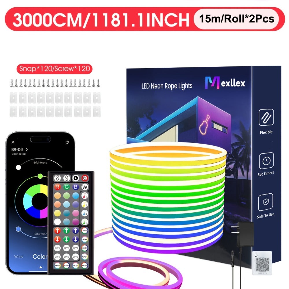 Tira de Luz LED RGB Neon de 30m/20m/15m/10m/5m con Sincronización Musical, Tira Flexible de 24V con Aplicación y Control Remoto, Tira de Luz Exterior IP"67", Ideal para Dormitorio, Habitación y Decoración Exterior