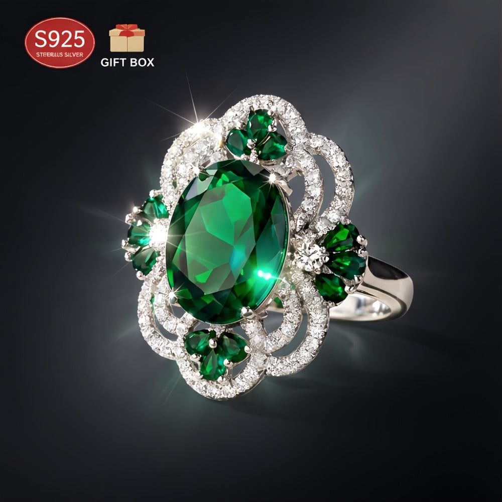 Anillo abierto ajustable para mujer S925, 4 quilates de circonita sintética verde creada en laboratorio, noble y lujoso, adecuado para bodas y banquetes, regalo de San Valentín, con caja de regalo premium