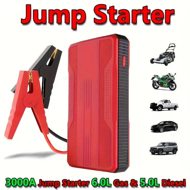 Arrancador de Coche - 12V 3000A Pico, Inicia 6.0L Gasolina/5.0L Diésel en 3s. Carga Rápida USB-C PD para Teléfonos/Portátiles. Linterna LED (SOS/Estroboscópica). Para Coches, SUV, Camiones, Motos, Barcos. Ideal para Viajes, Camping, Invierno, Baterías Mue