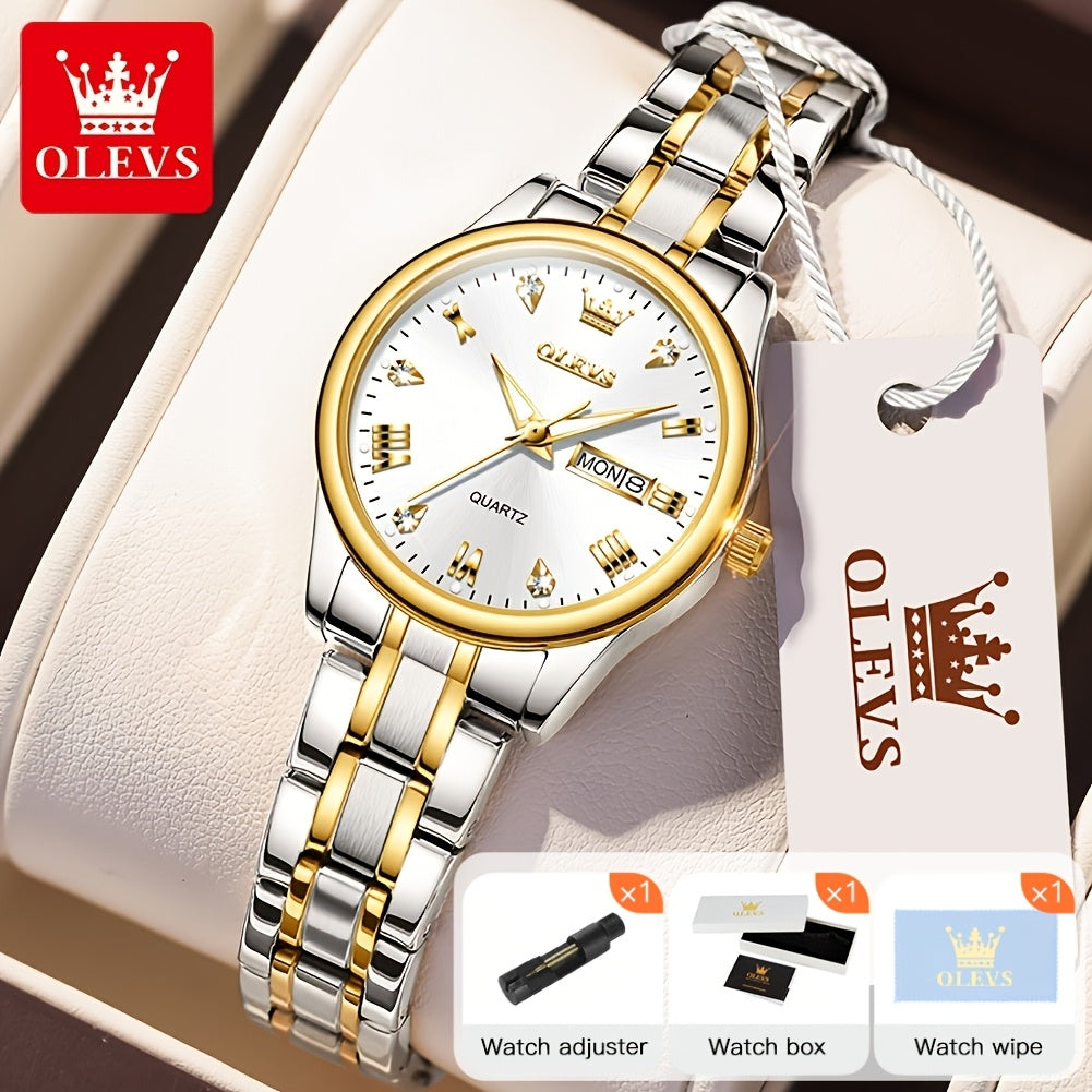 Relojes de Mujer OLEVS: Elegantes y de Moda para Negocios, Diseño Femenino para Muñecas Pequeñas, Cara Pequeña, Tono Dorado y Plateado, Correa de Acero Inoxidable, Cuarzo Analógico, Fecha y Día, Luminiscente, Esferas en /Blanco/Dorado/Azul