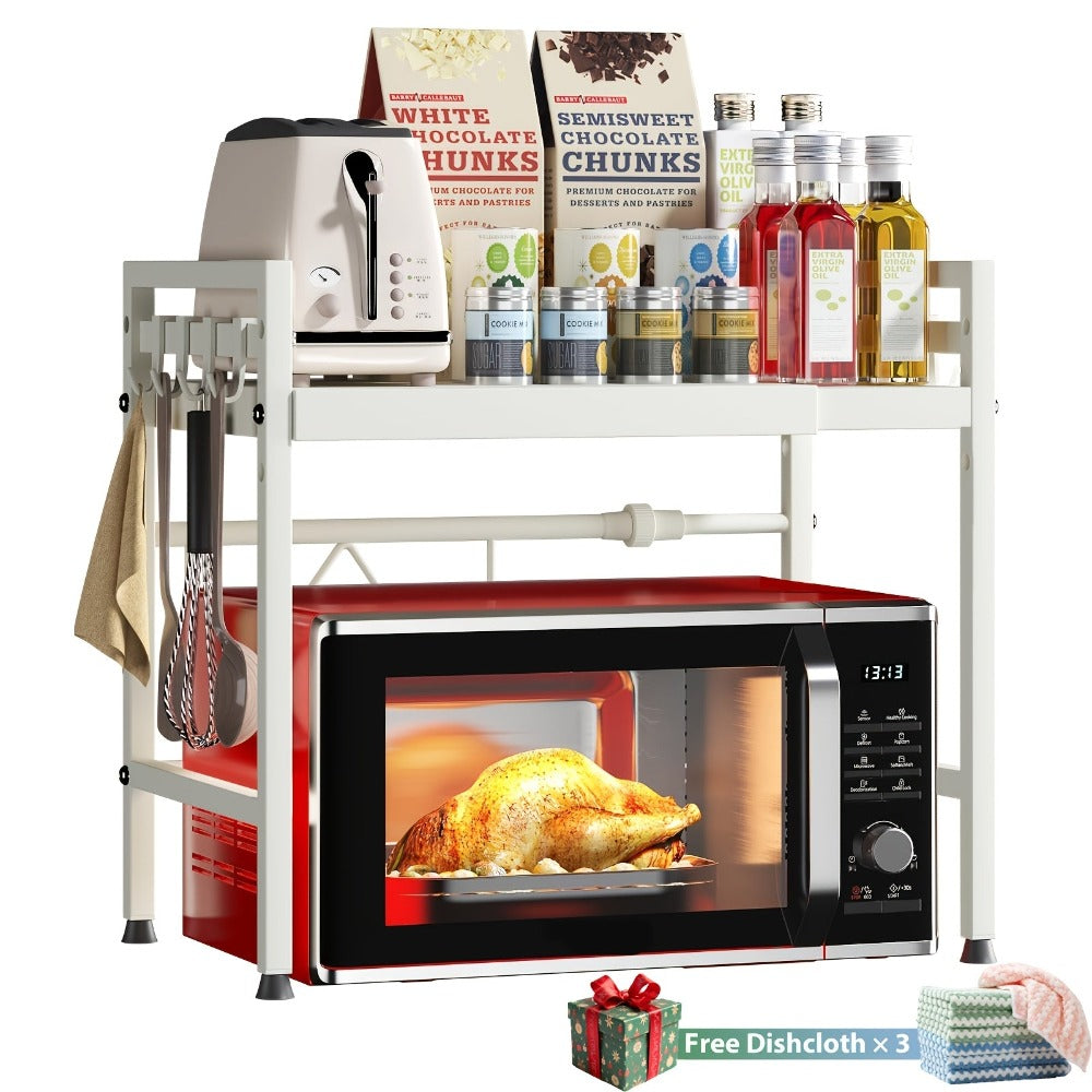 Estante Extensible de 3 Niveles para Microondas, Ancho Ajustable (40cm-64cm), Altura Ajustable, con 6 Ganchos y Soporte para Tabla de Cortar. Estante para Freidora de Aire, Estante para Microondas, Organizador de Cocina, Organizador de Encimera y Estante