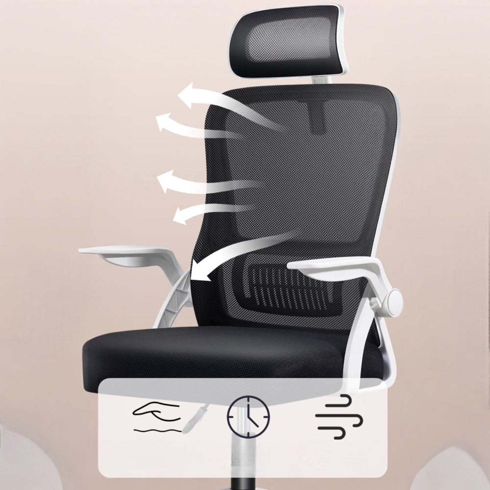 Silla de Oficina, para Gaming, Escritorio Ergonmica con Reposacabezas, Ajustable y con Soporte Lumbar Respaldo de Malla Transpirable Reposabrazos Abatibles de 90 Giratoria 360 (SF168-001)
