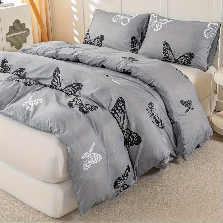 Juego de funda nórdica con estampado de mariposas en blanco y negro con fondo gris, 3 piezas