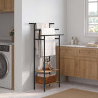 1pc Estante de baño, soporte de toalla vertical negro con 3 soportes de toalla, barra de toalla con 2 estantes, utilizado para toalla y ropa de toalla, hecho de material metálico y madera