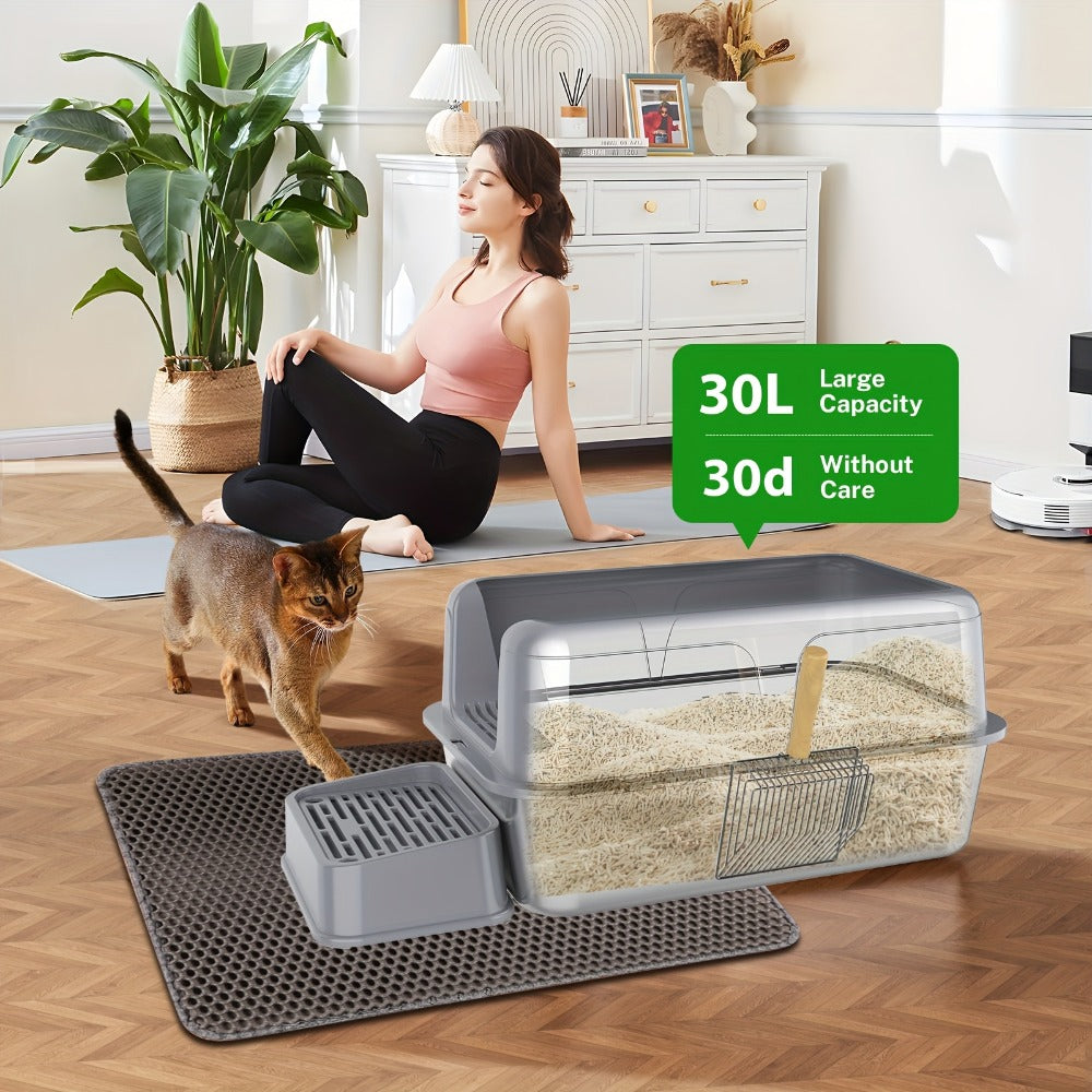 Bandeja de arena para gatos XXL de acero inoxidable con recinto desmontable, gran capacidad de 32L, incluye tapete XXL para arena de gato, pala metálica y escaleras para gatos mayores, apta para todos los gatos