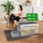 Bandeja de arena para gatos XXL de acero inoxidable con recinto desmontable, gran capacidad de 32L, incluye tapete XXL para arena de gato, pala metálica y escaleras para gatos mayores, apta para todos los gatos