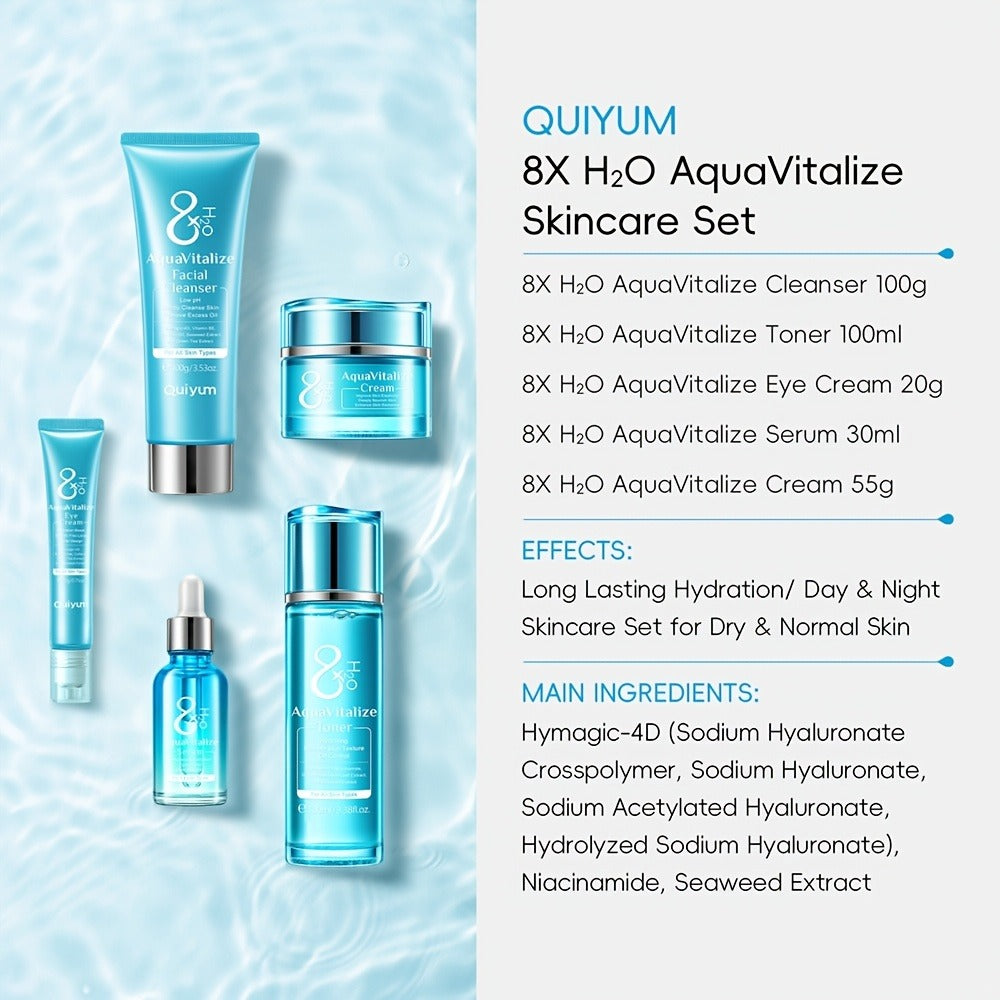 QUIYUM AquaVitalize Set de Cuidado Facial para Mujeres - Dos Juegos de 10 Piezas, Rutina Hidratante y Nutritiva de Día y Noche, con Vitamina C, Glicerina, etc. - Adecuado para Piel Seca, Normal y Mixta - Hipoaergénico - Regalo Perfecto
