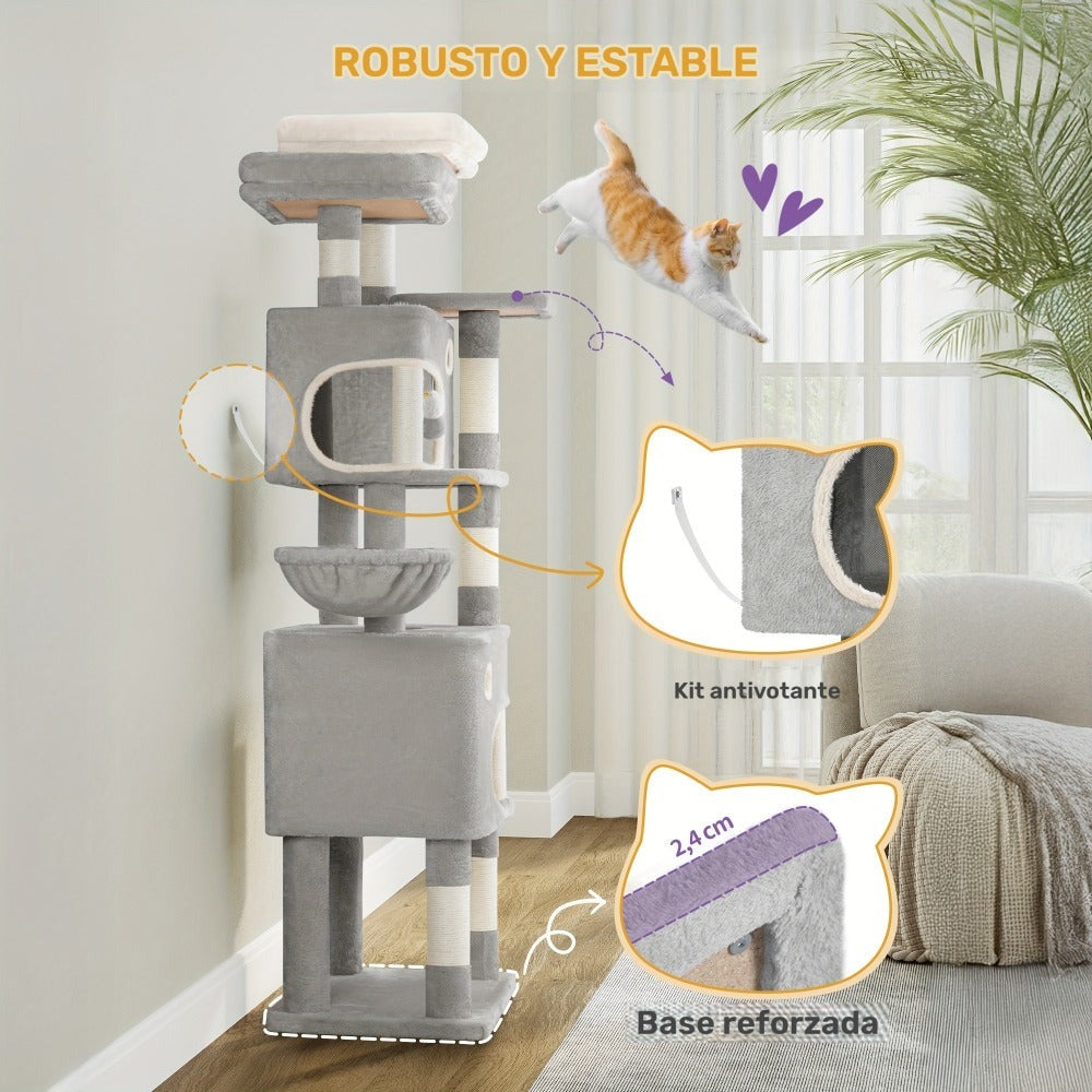 Árbol para Gatos, 180 cm con 8 Postes para Rascar, 3 Plataformas, 2 Cuevas, Cesta, Pelotas de Peluche, Cuerda de Sisal, Adecuado para Gatos de Varios Tamaños, Beige/Gris Claro/Gris Oscuro