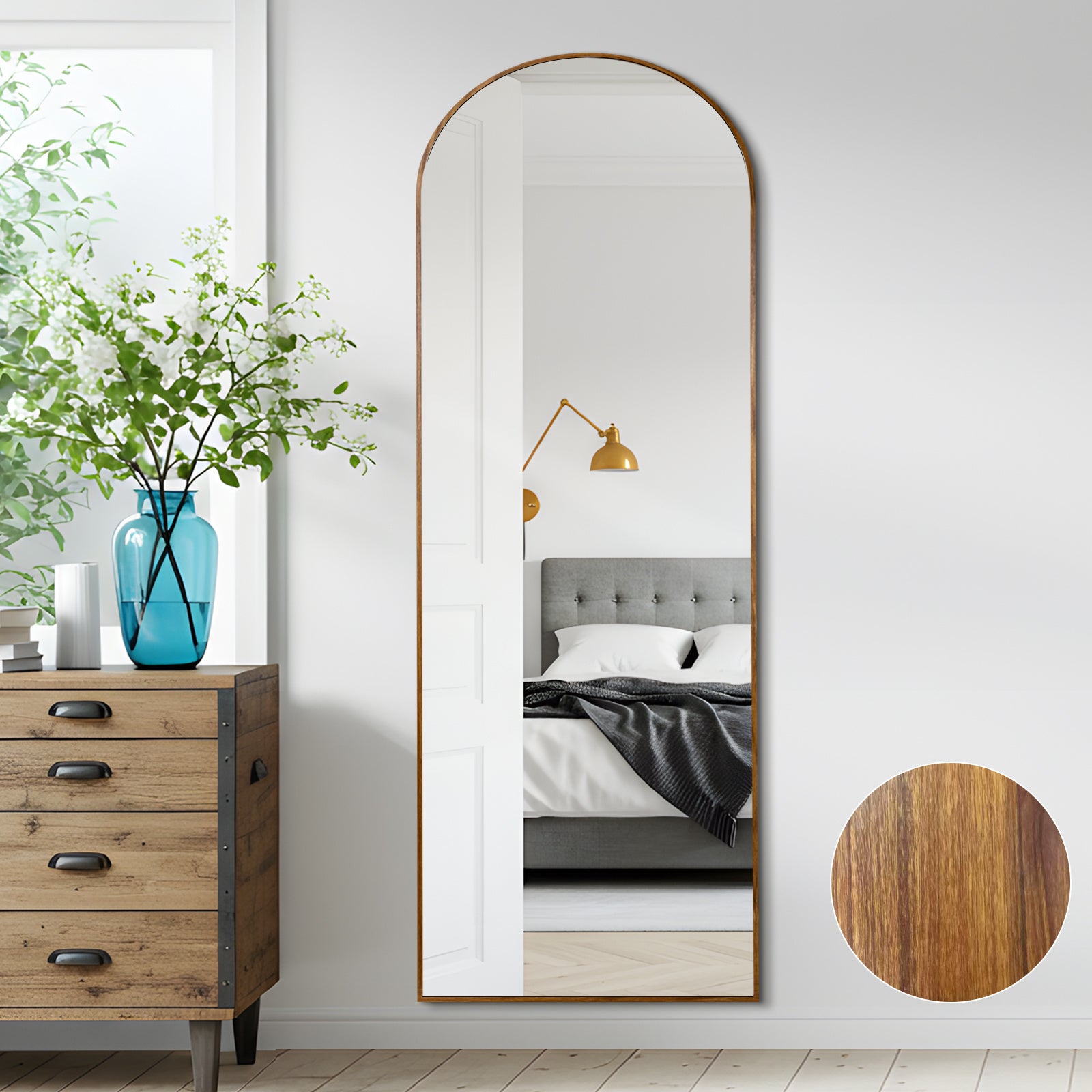 Melodieux Espejo arqueado de 161 X 52 cm con aspecto de madera de nogal y marco de aluminio, espejo de maquillaje de longitud completa independiente para colgar o montar en la pared para el baño