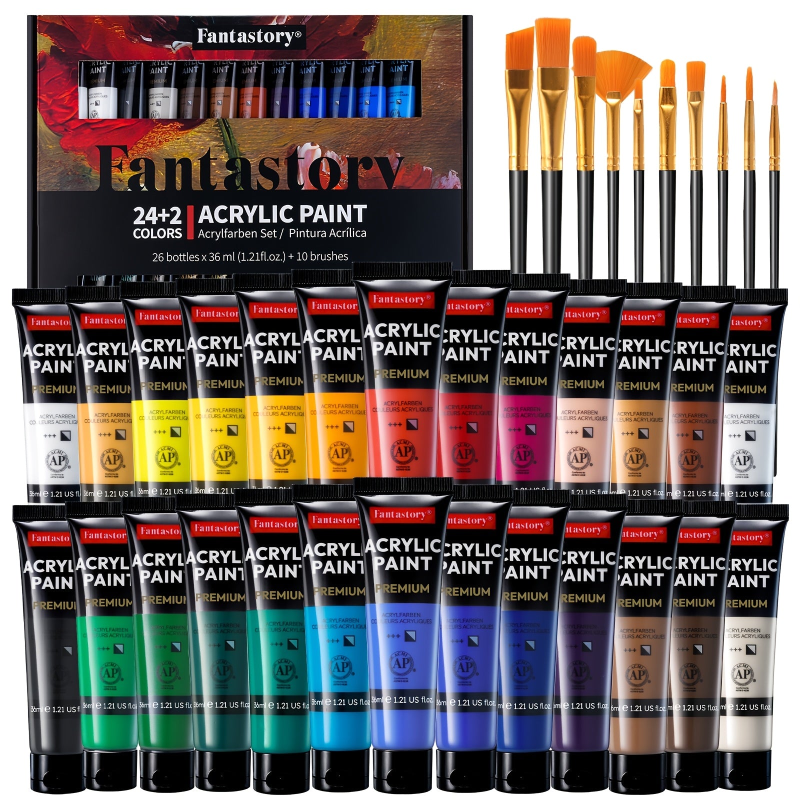 Colección de 26 pinturas acrílicas de alta pigmentación Fantastory - 36 ml con 9 pinceles, de secado rápido y materiales de arte profesionales para bocetos al aire libre, lienzo, madera y piedra