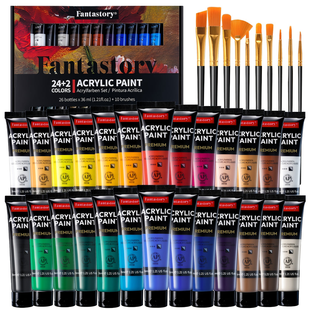 Colección de 26 pinturas acrílicas de alta pigmentación Fantastory - 36 ml con 9 pinceles, de secado rápido y materiales de arte profesionales para bocetos al aire libre, lienzo, madera y piedra