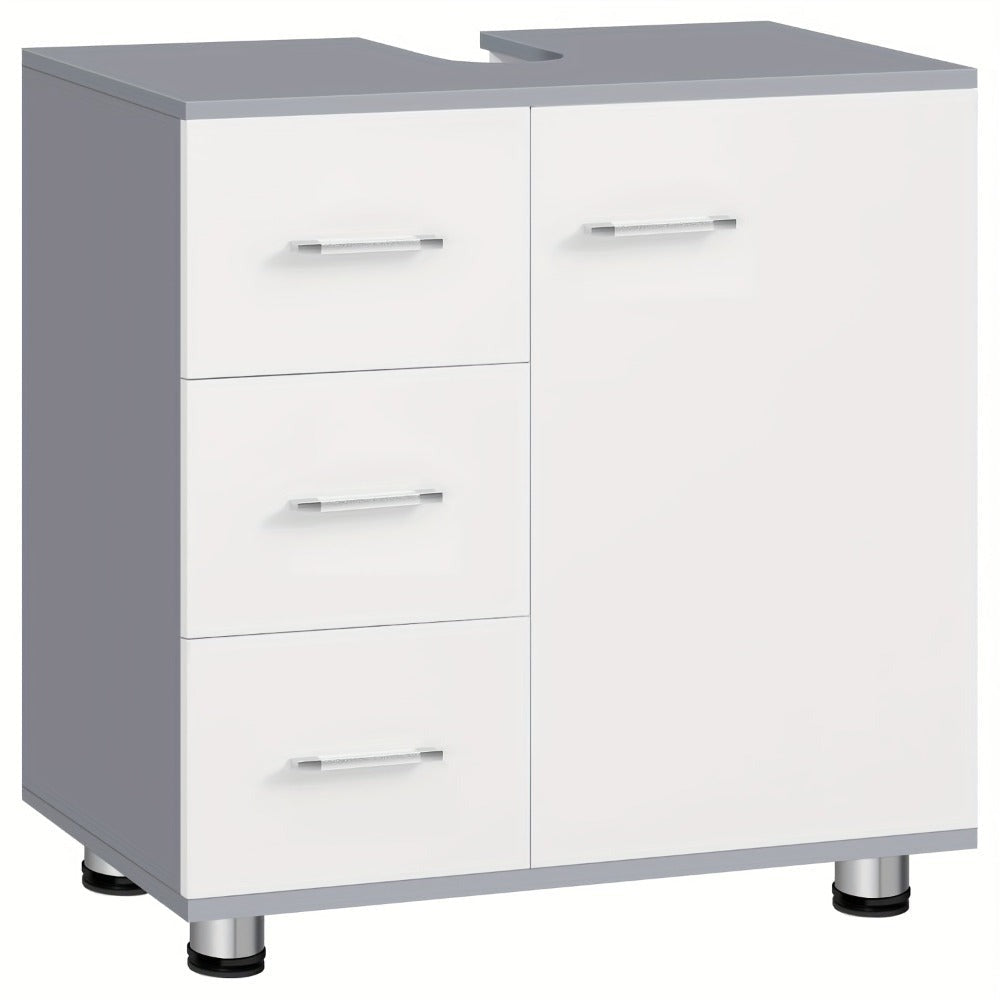 1pc Armario de Medicina, Tocador con 3 Cajones, Gabinete con 2 Compartimentos, Armario para Baño con Estante Ajustable, 60 x 60 x 30 cm, Blanco + Gris/Blanco/Blanco + Roble