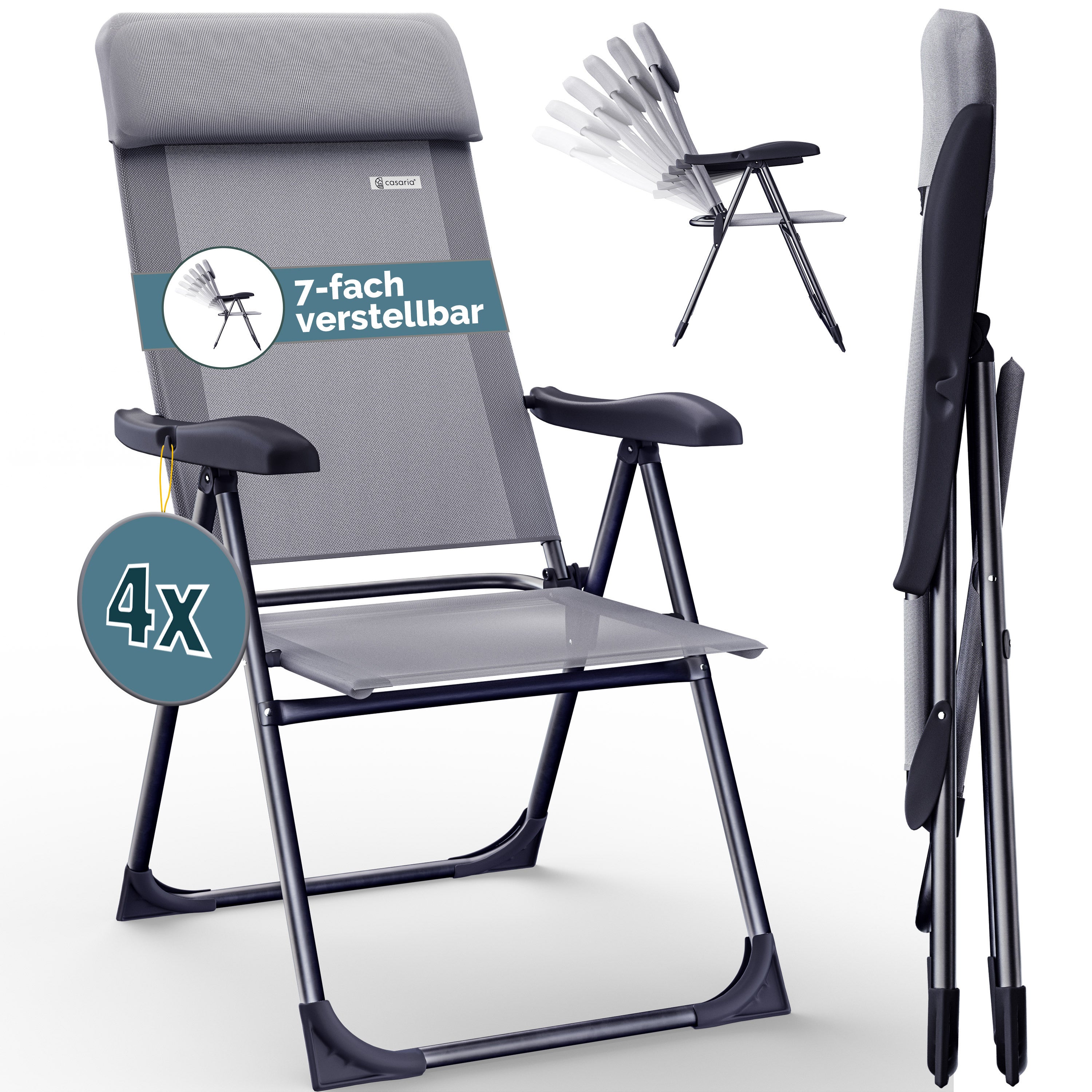 CASARIA® Sillas de Jardín Juego de 4 Plegables Ajustables en 7 Direcciones de Aluminio con Respaldo Alto Función Reclinable Silla de Camping Plegable para Balcón Silla Plegable Respaldo Alto