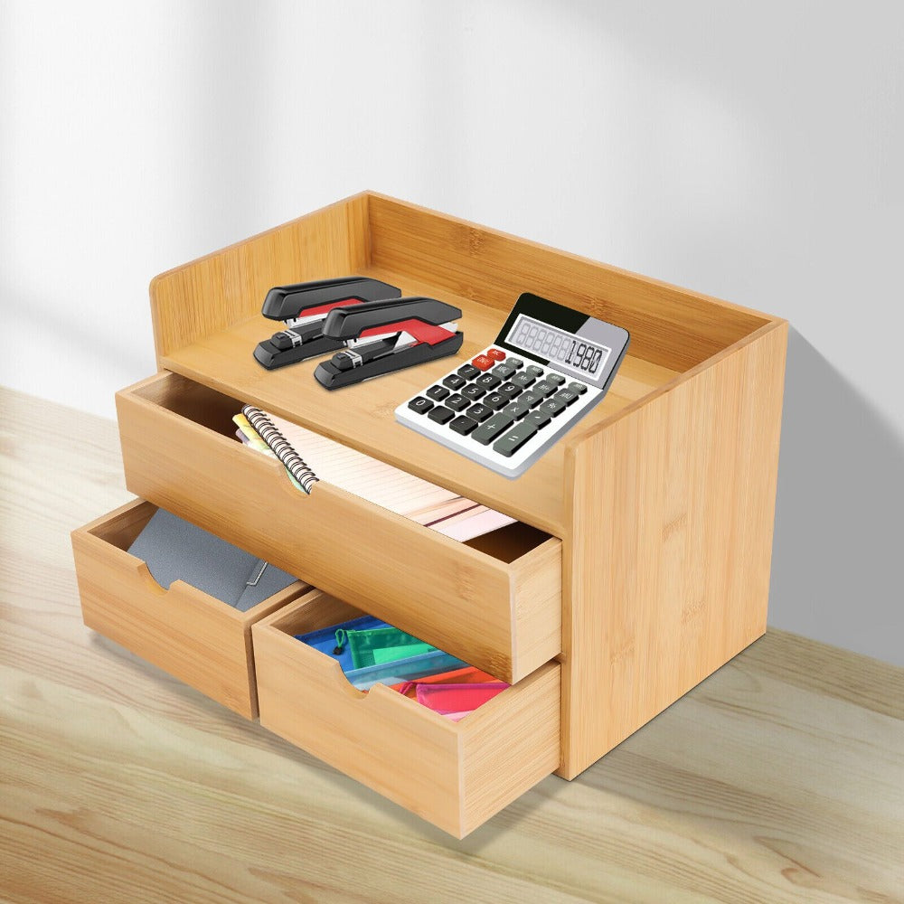 Organizador de escritorio, Organizador de escritorio de bambú con cajón, Caja de escritorio de bambú, Adecuado para guardar diversas cosas de necesidades diarias en habitaciones, oficinas, etc. (3 cajones)