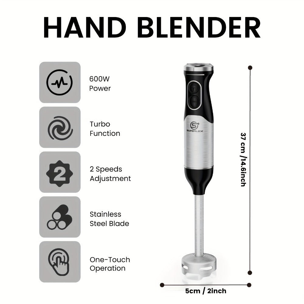 SUPERLEX Licuadora de Mano 600W - Batidor de Acero Inoxidable de Grado Alimenticio, 2 Velocidades (Alimentos Suaves/Duros) para Cocina Hogareña/Catering/Pequeños Negocios de Alimentos | Prepara Sopas, Salsas, Purés