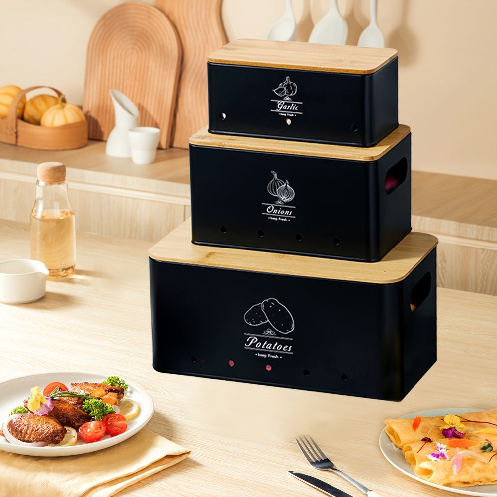 Juego de 3 Contenedores para Almacenar Patatas, Cebollas y Ajo | Conservador de Frescura de Alimentos a Prueba de Humedad y Brotes | Organizador de Cocina Ventilado de Grado Alimenticio | Cajas para Almacenar Verduras | Esencial para el Despensa del Hogar