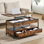Mesa de Café con Tapa Elevable, Mesa de Sala, con Cajones de Almacenamiento, Compartimentos Ocultos y Estante Abierto