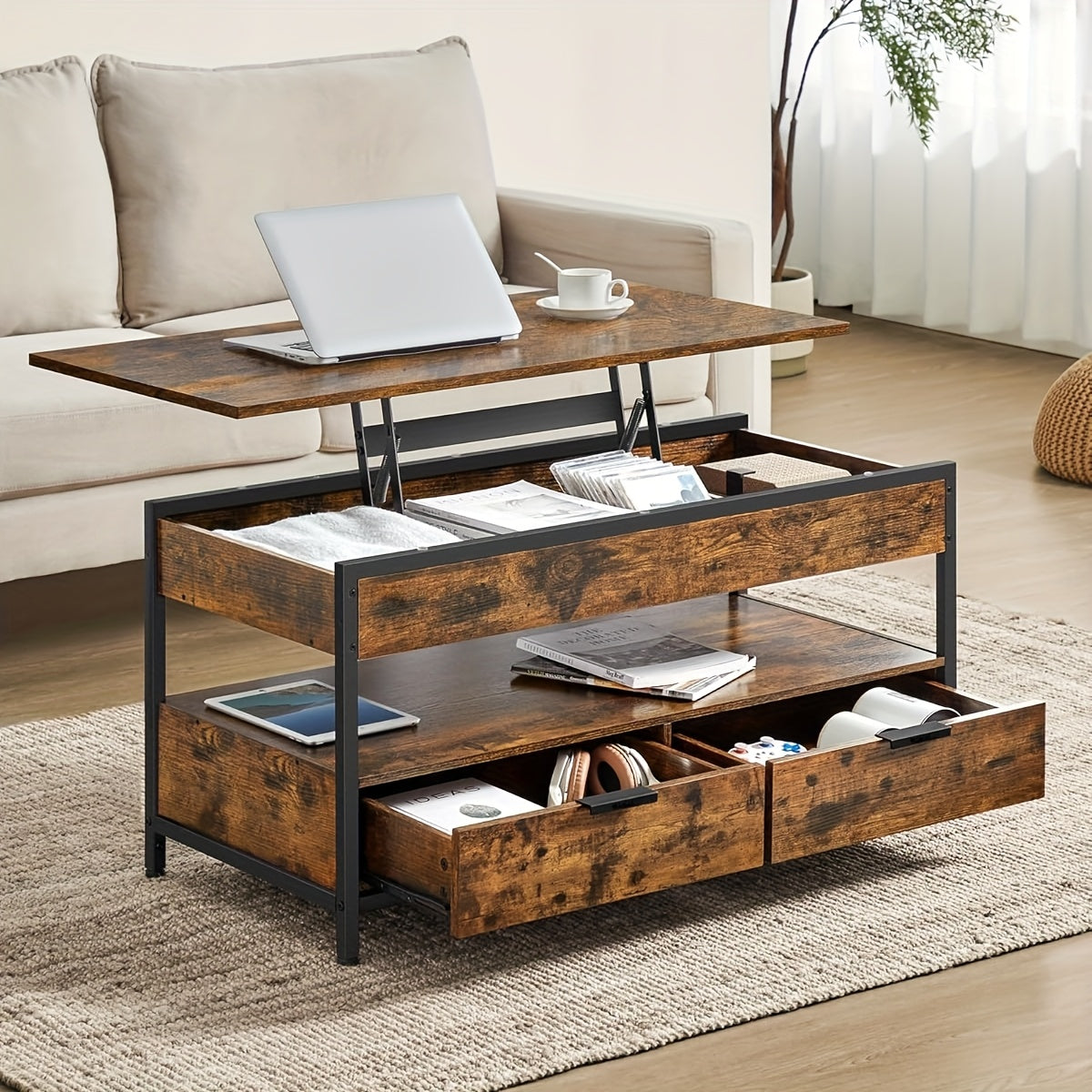 Mesa de Café con Tapa Elevable, Mesa de Sala, con Cajones de Almacenamiento, Compartimentos Ocultos y Estante Abierto