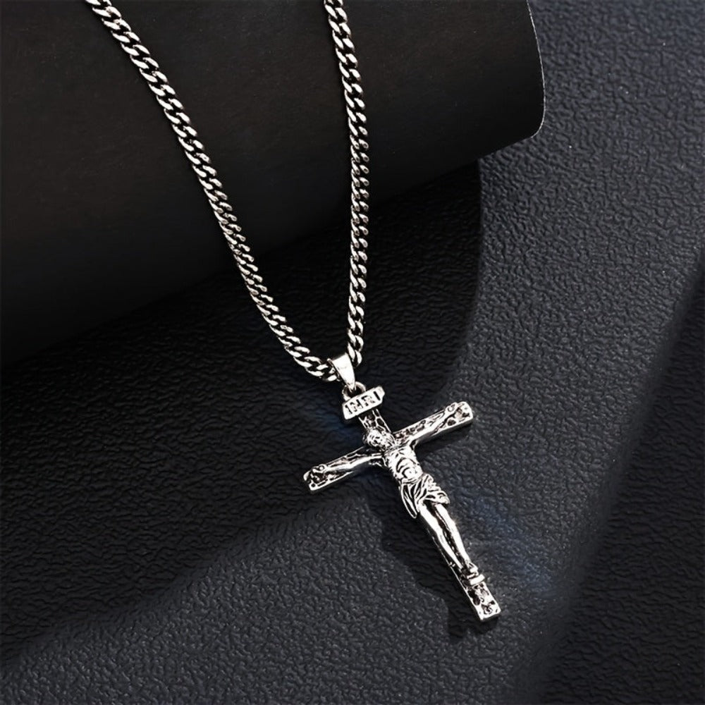 ARTPAGE 925 Plata Plateada, Collar de Cruz Pequeña de Jesús para Hombres, Moda Clásica, Longitud del Collar 60cm/24in, con Cadena de Extensión de 5cm/2in, Tamaño Ajustable Libremente, Regalo de Navidad o San Valentín con Caja de Regalo Exquisita