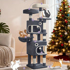 Árbol para gatos de 159 cm con 8 rascadores, 3 plataformas, 2 cuevas, cesta, pelotas de felpa, cuerda de sisal, adecuado para gatos de varios tamaños, gris claro/gris oscuro