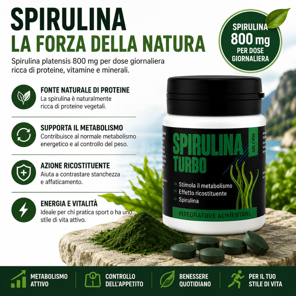 Spirulina Turbo – Suplemento Dietético a Base de Espirulina – 60 Tabletas Veganas de 500 mg – Apoyo para la Rutina Diaria y el Bienestar