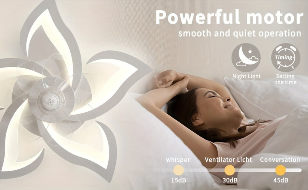 Lámpara de techo LED silenciosa con ventilador y iluminación, lámpara de techo para dormitorio con control remoto y aplicación, lámpara regulable con ventilador, 5 luces, pantalla de acrílico con forma de flor, sala de estar, cocina, 69 cm