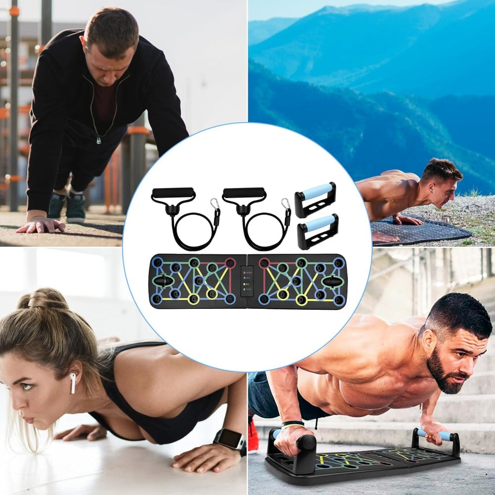 Tabla de flexiones multifuncional plegable，Entrenador de flexiones multifuncional plegable y portátil con asas antideslizantes y 2 bandas de resistencia. Diseño antideslizante, desmontable y fácil de guardar.barra de empuje para gimnasio en casa, manija d