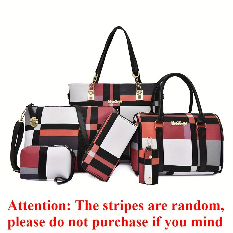 Juego de 6 piezas de bolso Vanaheimr para mujer, estampado de cuadros casual, las rayas son aleatorias, correa ajustable, cierre de cremallera, forrado, color de contraste de moda, combinación de bolso tote y bandolera de gran capacidad, ideal para regalo