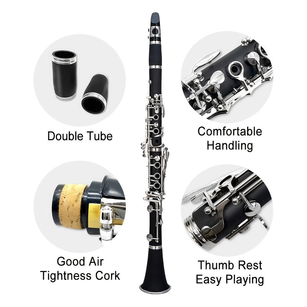 Siemonic Clarinete en Si bemol de 17 llaves, juego de clarinete chapado en níquel con estuche, kit de clarinete para principiantes con kit de limpieza y adicionales, instrumento de viento para práctica, interpretación y uso musical