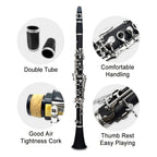 Siemonic Clarinete en Si bemol de 17 llaves, juego de clarinete chapado en níquel con estuche, kit de clarinete para principiantes con kit de limpieza y adicionales, instrumento de viento para práctica, interpretación y uso musical