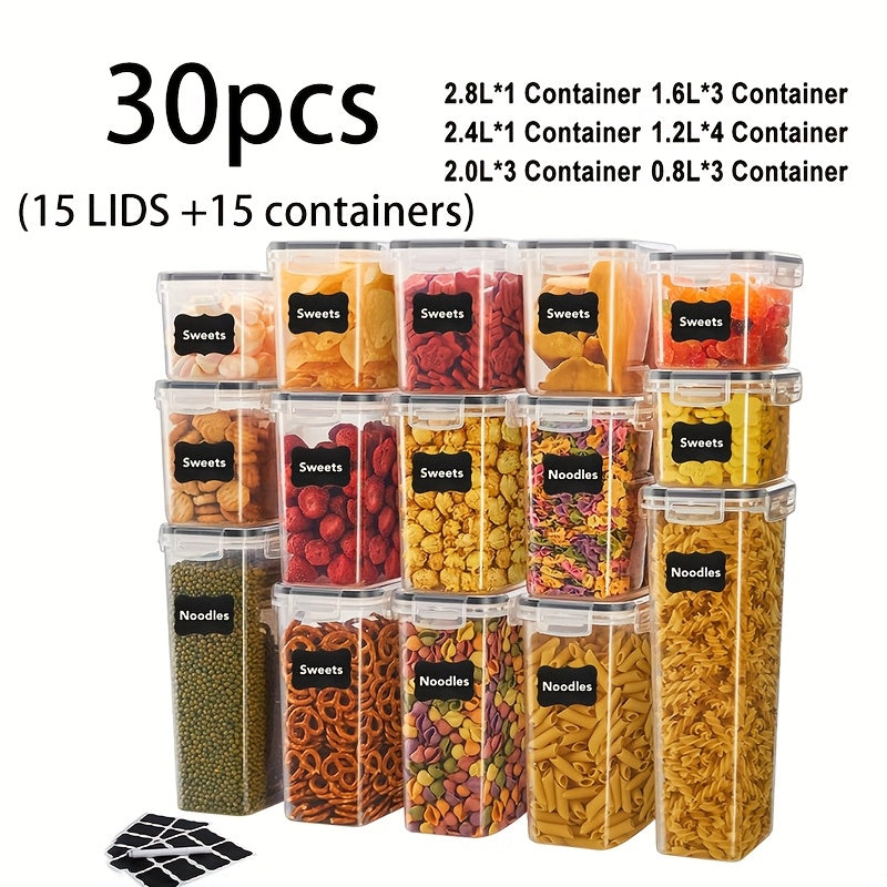 60/48/30/20/18/12 piezas de Recipientes Herméticos para Alimentos con TAPAS - Ideales para Organizar y Almacenar Granos, Arroz, Pasta, Té, Frutos Secos y Café en la Despensa de la Cocina - Incluye Etiquetas y Marcadores (30/24/15/10/9/6 TAPAS + 30/24/15/1