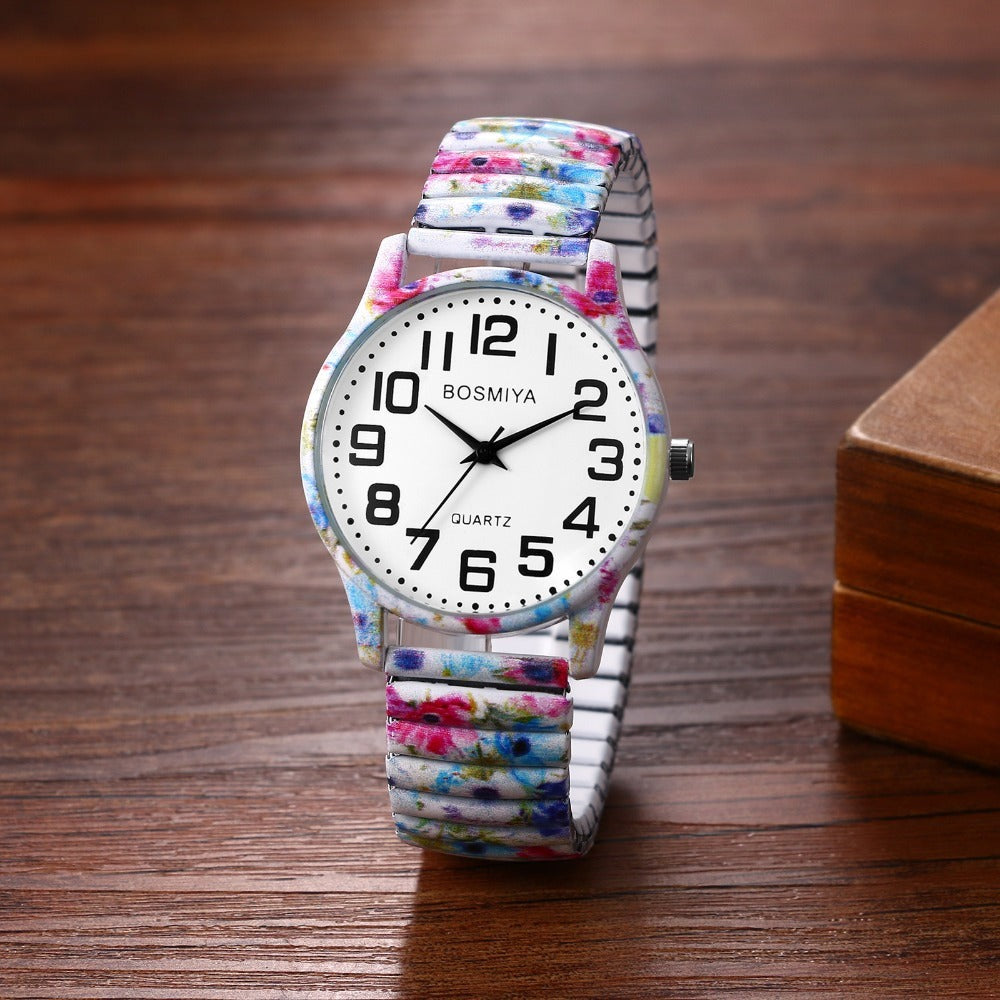 Reloj Elástico de Estilo Bohemio para Mujer: Un Reloj de Pulsera de Cuarzo con Diseño Floral, Banda Elástica de Acero Inoxidable y Esfera de Números Grandes, Perfecto Como Regalo de Cumpleaños o Navidad