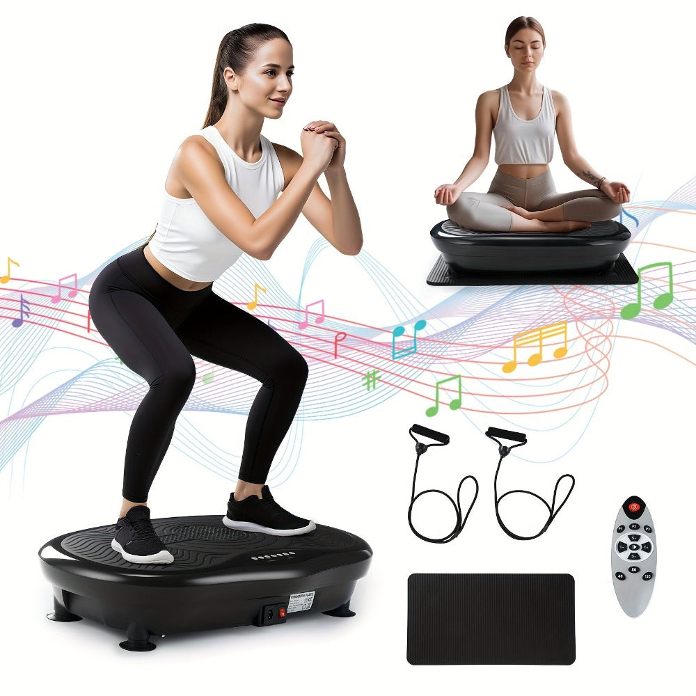 Placa vibratoria inteligente, ajuste de 120 velocidades, motor de 200W, 1 modo manual y 3 modos automáticos, botones de acceso rápido LCD, control remoto + altavoz de música, bandas de resistencia + esterilla de yoga, plataforma de fitness para el hogar p