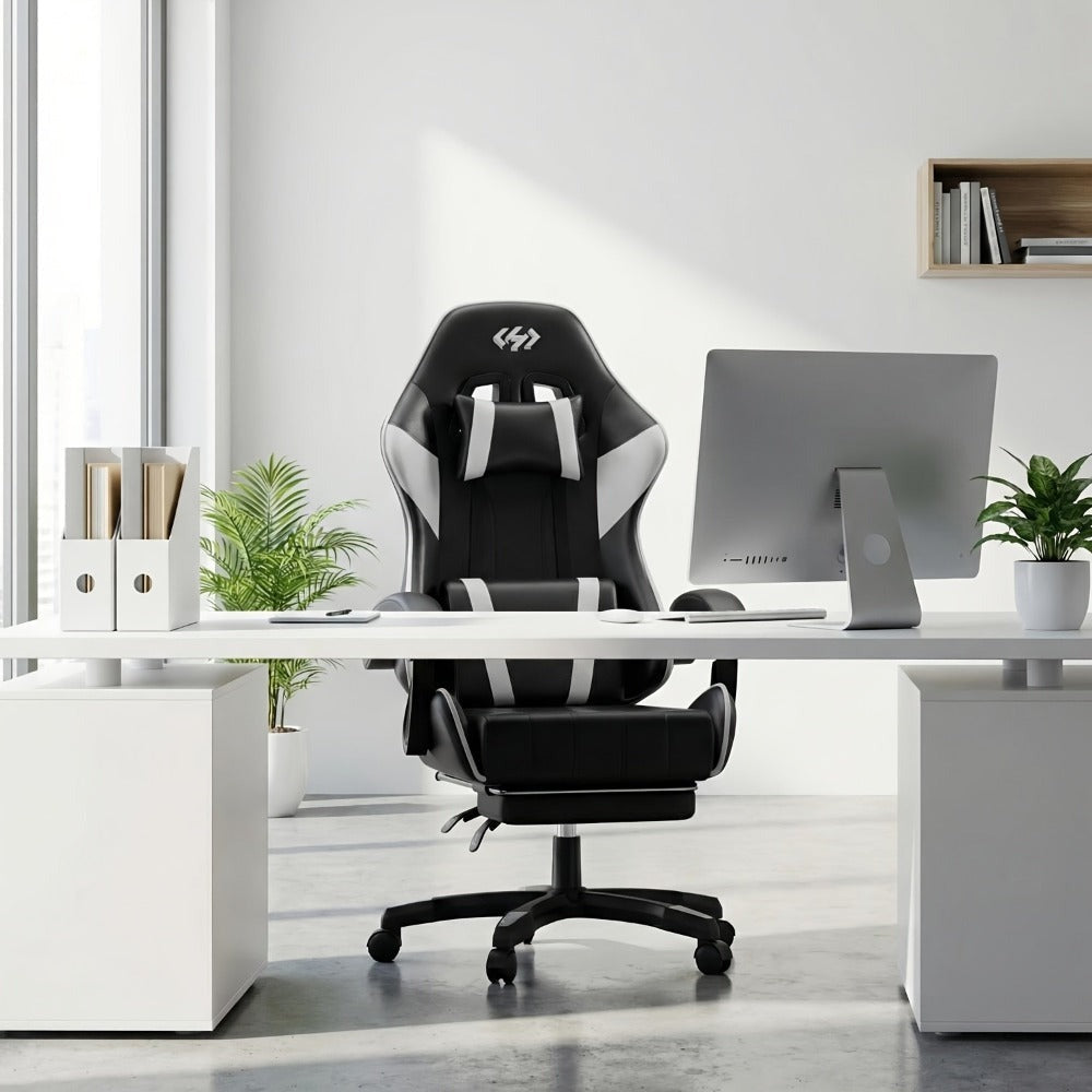 Silla de Juegos Furnishia con Reposapiés, Silla de Computadora Ajustable en Altura con Soporte Lumbar y Reposacabezas para Adultos, Silla de Oficina Giratoria 360 Grados para Oficina, Dormitorio, Estación de Trabajo Robusta