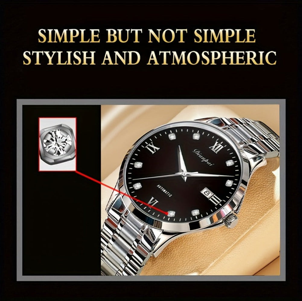 Reloj mecánico automático de negocios para hombre Dianpai, delgado de acero inoxidable con esfera luminosa y calendario, regalo ideal para hombres, sin batería