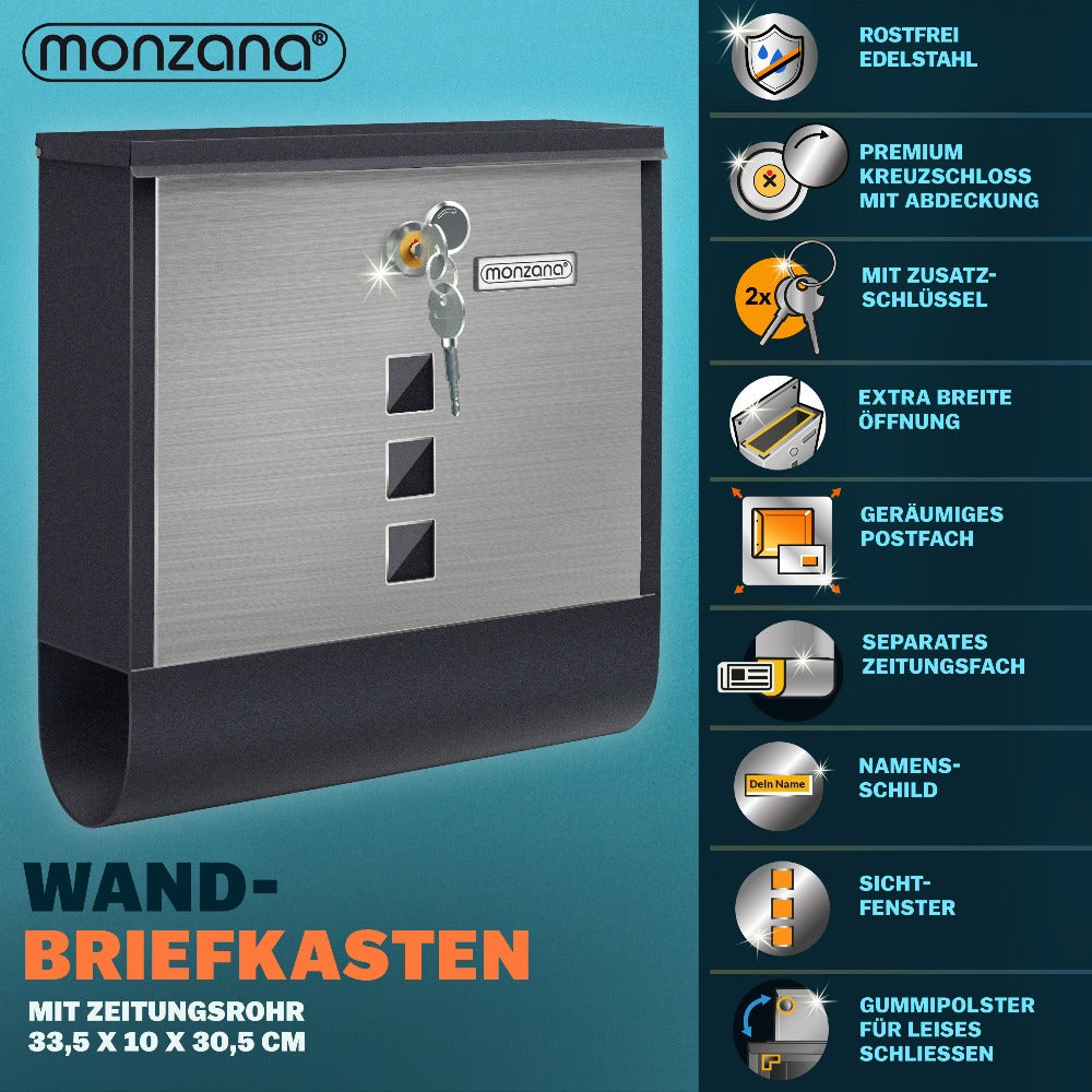 Buzón MONZANA® con Cerradura Cruzada, Cilindro de Cobre, Tapa Giratoria, 31x10x34 cm, Ventana de Visualización, Placa de Identificación, Compartimento para Periódicos, Fácil Instalación, Acero Aleado, 2 Llaves, Caja de Correo
