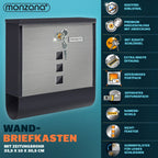 Buzón MONZANA® con Cerradura Cruzada, Cilindro de Cobre, Tapa Giratoria, 31x10x34 cm, Ventana de Visualización, Placa de Identificación, Compartimento para Periódicos, Fácil Instalación, Acero Aleado, 2 Llaves, Caja de Correo