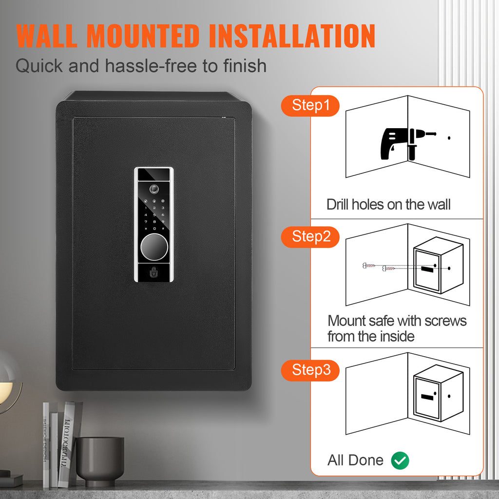 VEVOR Seguro, 2.2 pies cúbicos Caja Fuerte para el Hogar, Caja de Seguridad de Acero con Huella Digital, Teclado Digital y 2 Llaves, Caja Fuerte con Bolsa Grande a Prueba de Fuego, Protege Efectivo, Oro, Joyas, Documentos, 15.8x13x23.6 pulgadas