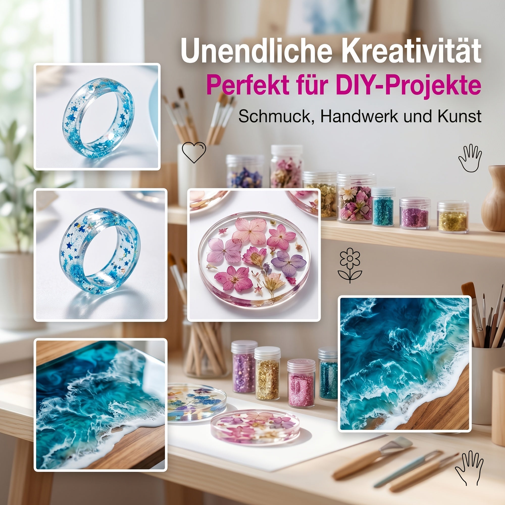 6.39 L Kit de Resina Epoxi para Mesas Perfecto para Proyectos de Manualidades, Kit de Resina Autonivelante Transparente con Mezclador, Sistema de Recubrimiento y Vertido para Madera, Vasos, Fabricación de Joyas, Arte, Recubrimiento, Fundición y Regalos (2