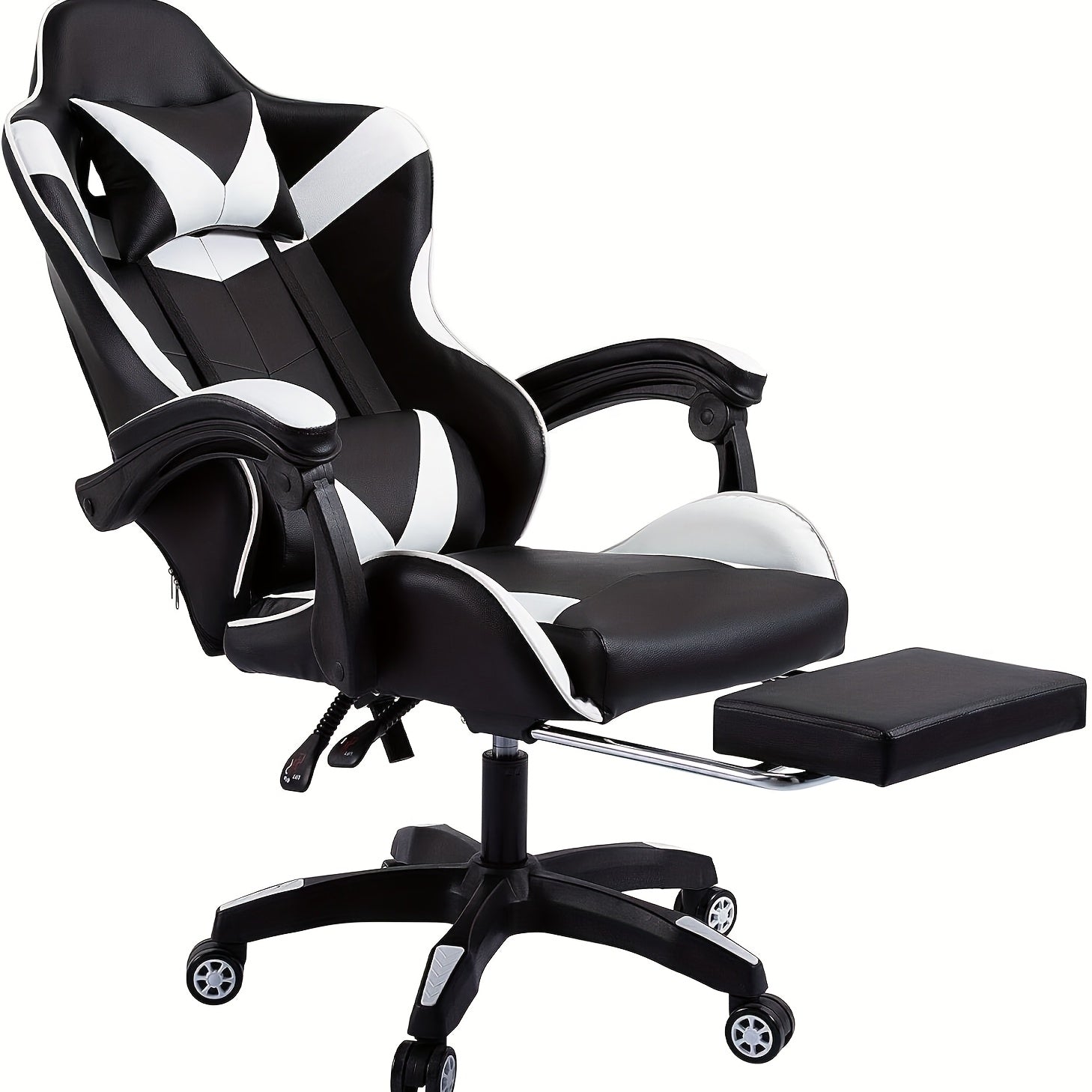 Silla de oficina ergonómica diseñada para gaming, con reposapiés, respaldo alto, giro ajustable y soporte lumbar, hecha de cuero PU en estilo racing para entusiastas de los E-Sports