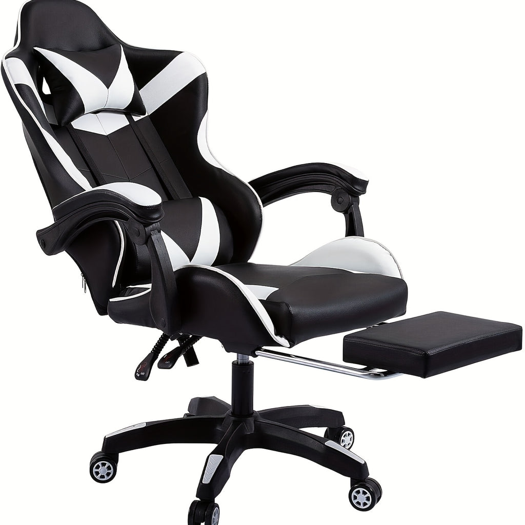 Silla de oficina ergonómica diseñada para gaming, con reposapiés, respaldo alto, giro ajustable y soporte lumbar, hecha de cuero PU en estilo racing para entusiastas de los E-Sports