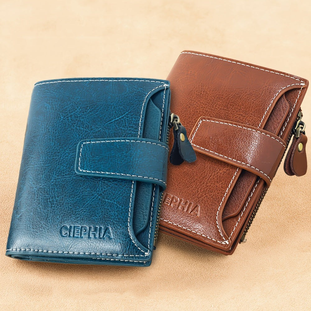 Monedero Ciephia de Cuero Genuino con Bloqueo RFID - Rojo Compacto con Detalles Dorados, 14 Ranuras para Tarjetas, Ventana Extraíble para DNI y Bolsillo con Cremallera para Monedas, Regalo Casual para San Valentín o el Día de la Madre, Apto para Hombres y