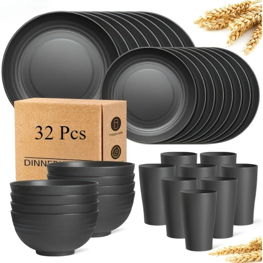 Juego de vajilla duradero de 32/16 piezas de paja de trigo - Apto para microondas y lavavajillas - Platos, cuencos y tazas reutilizables - ¡Perfecto para uso diario!