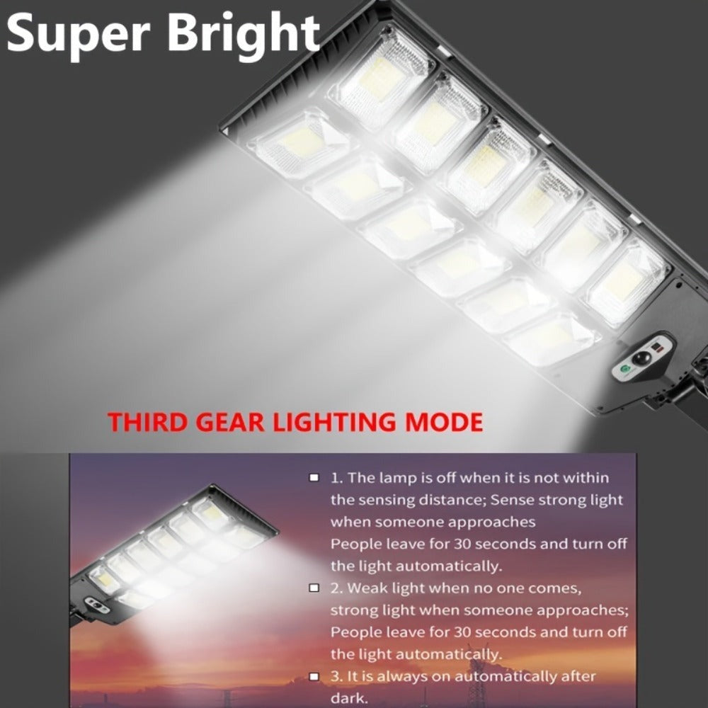 Luz de calle solar con sensor de movimiento y mando a distancia de 504 LED, luz solar de jardín con 3 modos de iluminación, reflector de seguridad de gran angular de 270°, luz de patio exterior de doble hilera superbrillante, para emergencias en calles co